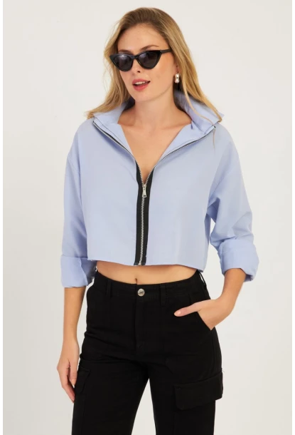 Kadın Mavi Fermuarlı Kısa Gömlek SF2541