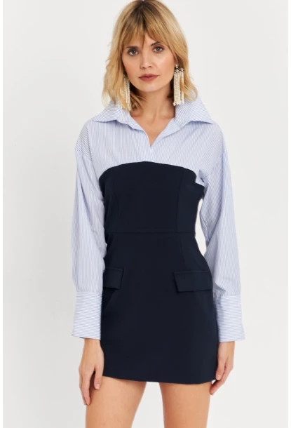 Kadın Mavi Gömlek Bloklu Mini Elbise KED3072