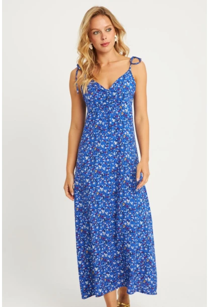 Kadın Mavi İp Askılı Çiçekli Midi Elbise GÇ172