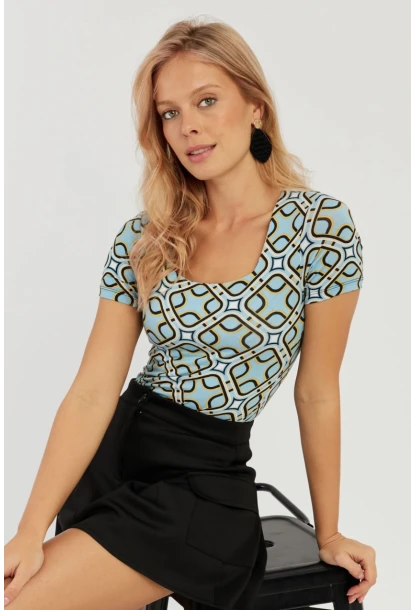 Kadın Mavi Kare Yaka Desenli Bluz LPP1258