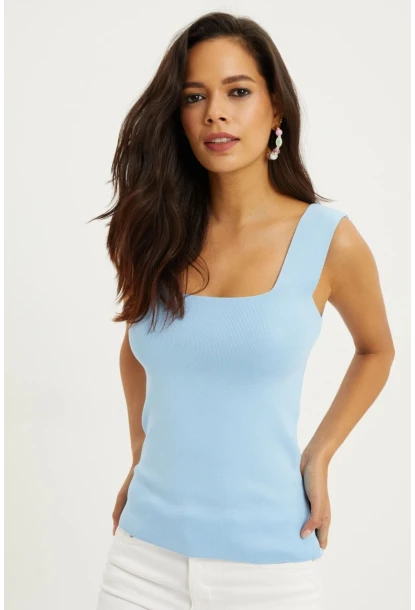 Kadın Mavi Kare Yaka Triko Bluz YV80