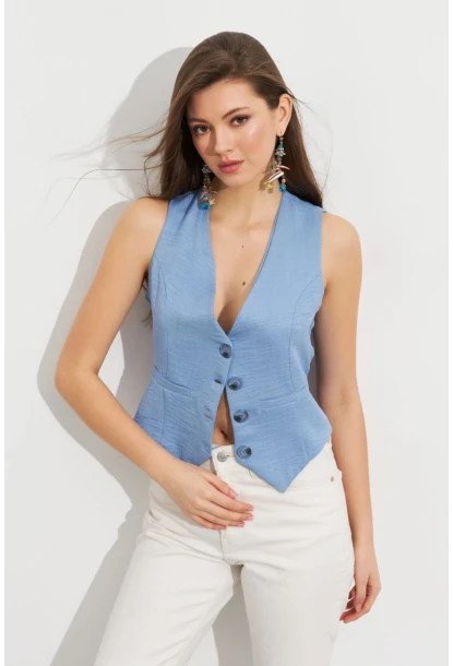 Kadın Mavi Keten Astarlı Yelek TW60046