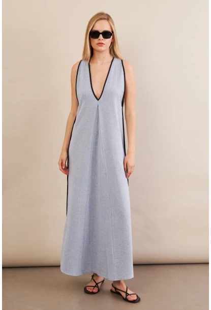 Kadın Mavi Kontrast Çizgili Maxi Keten Elbise MSİ101