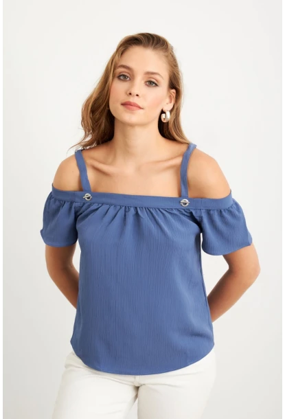 Kadın Mavi Kontrast Kollu Bürümcük Bluz RX452