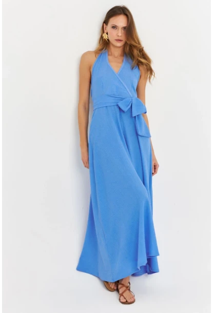 Kadın Mavi Kruvaze Bürümcük Maxi Elbise EY3053