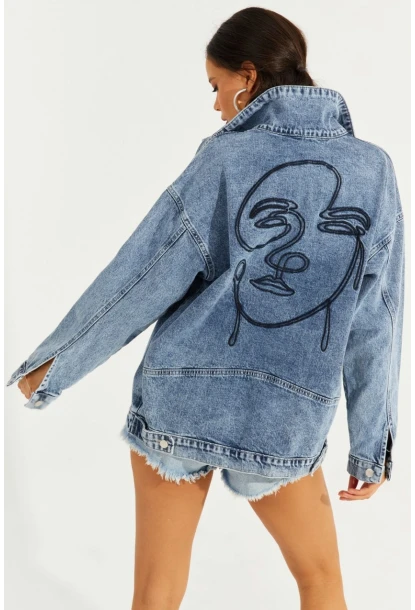 Kadın Mavi Nakışlı Kot Ceket İS801