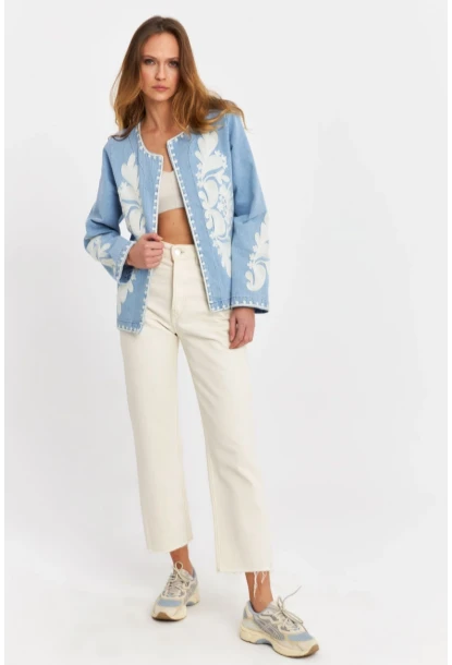 Kadın Mavi Nakışlı Mevsimlik Denim Premium Ceket QS5583