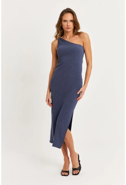 Kadın Mavi Omuz Aksesuarlı Kolsuz Midi Elbise MOD2400