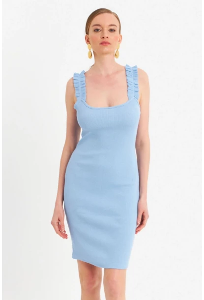 Kadın Mavi Omuz Bantlı Kaşkorse Mini Elbise URO203
