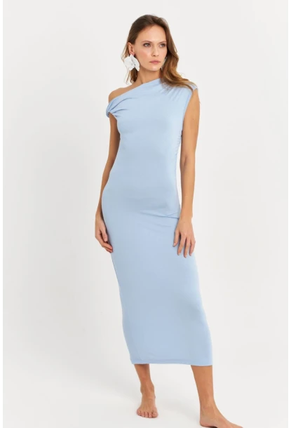 Kadın Mavi Omuz Düğümlü Degaje Midi Elbise EY3054