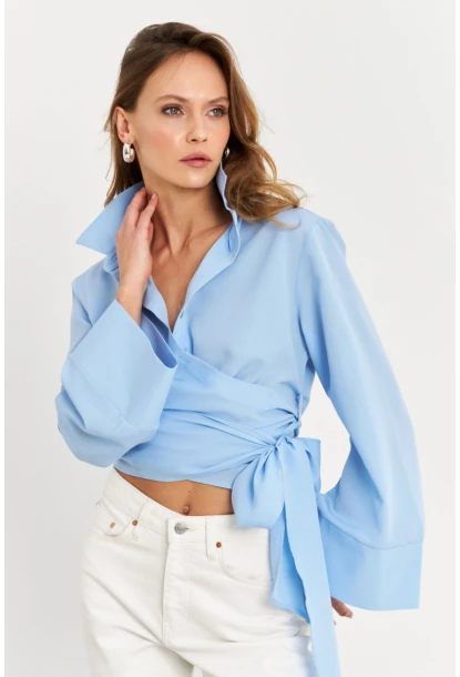 Kadın Mavi Önü Bağlamalı İspanyol Kol Gömlek MON142