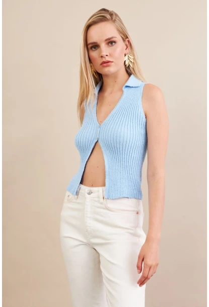 Kadın Mavi Polo Yaka Yumoş Yelek ZH050