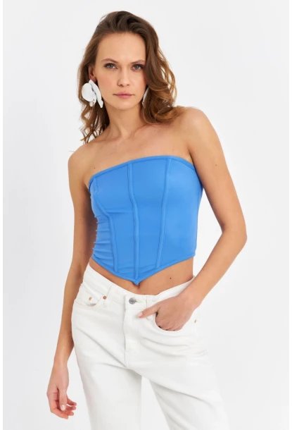 Kadın Mavi Straplez Crop Bluz B6081