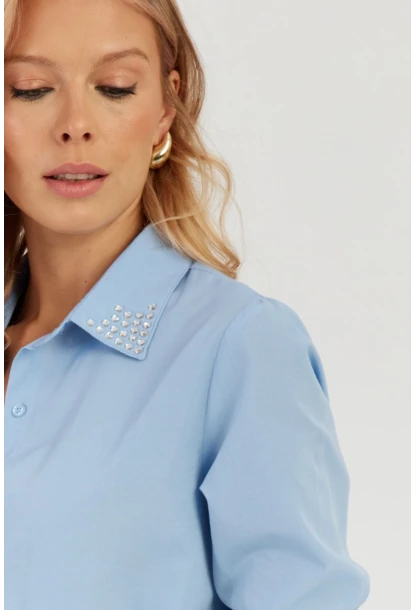 Kadın Mavi Taş Detaylı Gömlek ZER402