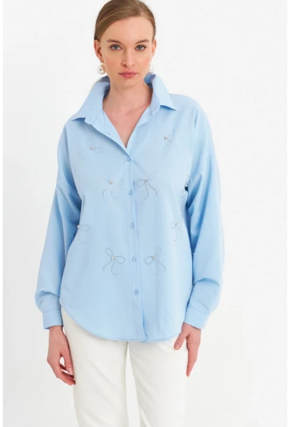 Kadın Mavi Taşlı Gömlek MZER426