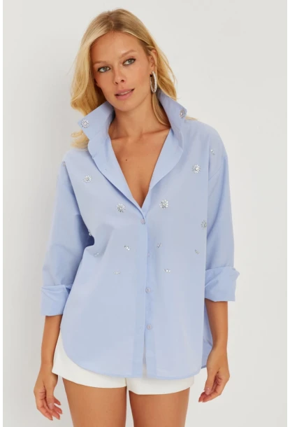 Kadın Mavi Taşlı Gömlek SF2550