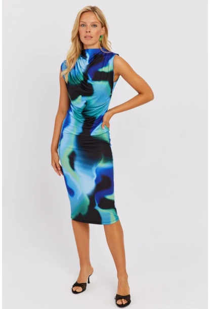 Kadın Mavi-Yeşil Büzgülü Midi Elbise NÇ520