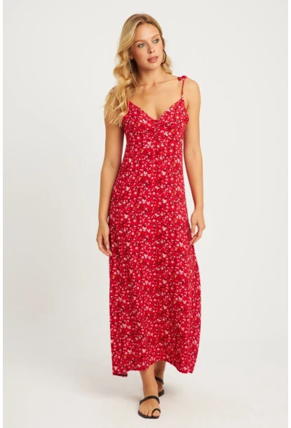 Kadın Mercan İp Askılı Çiçekli Midi Elbise GÇ172