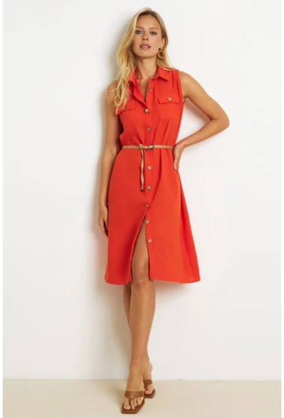 Kadın Mercan Kemerli Gömlek Midi Elbise SGT404
