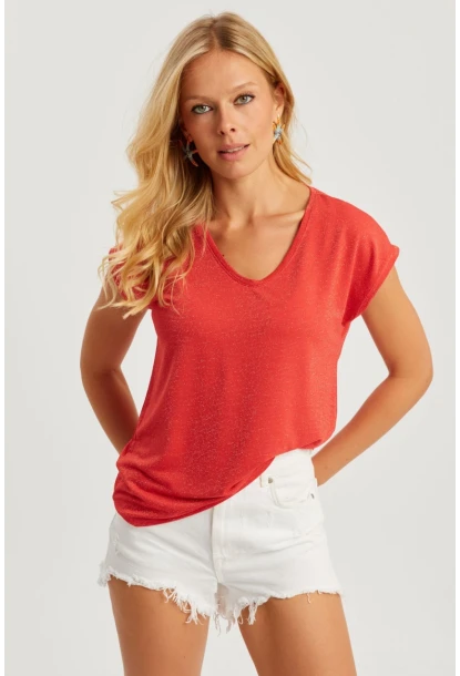 Kadın Mercan V Yaka Simli Bluz RX436