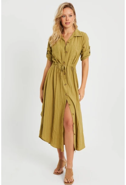 Kadın Midi Gömlek Elbise Haki Q984