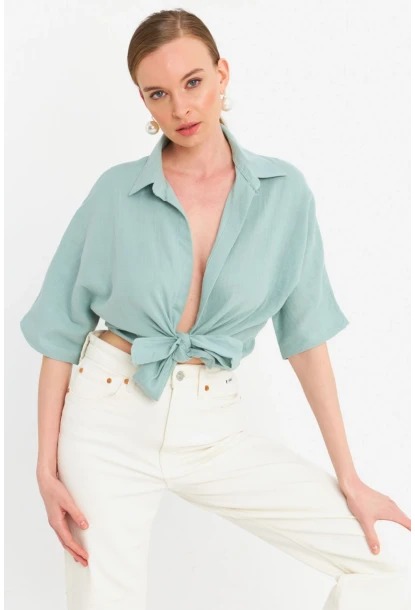 Kadın Mint Bağlamalı Keten Bluz BTH16