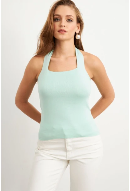 Kadın Mint Boyundan Bağlamalı Triko Bluz YV356