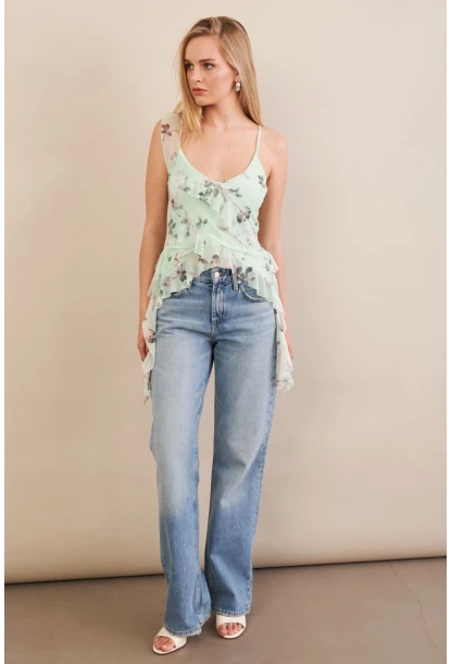 Kadın Mint Desenli Fırfırlı Şifon Bluz FS033