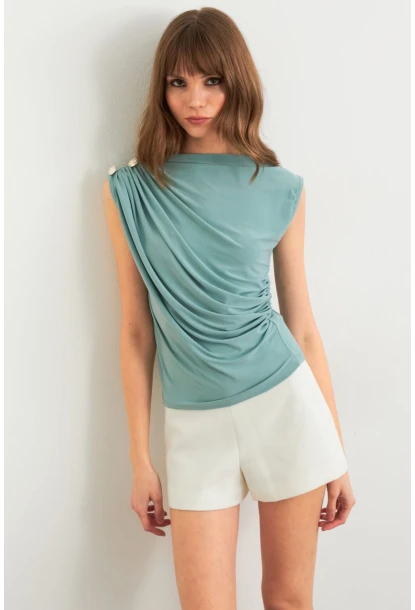 Kadın Mint Düğme Detaylı Büzgülü Bluz LPP1205-1