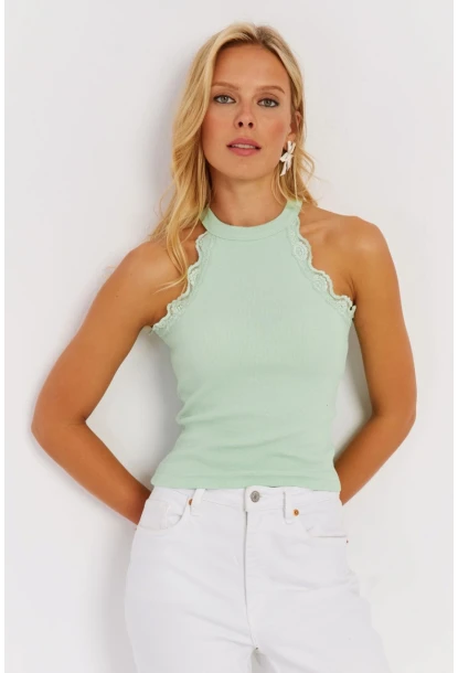 Kadın Mint Halter Yaka Dantelli Bluz MK04