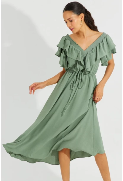 Kadın Mint Ön Arka V Volanlı Elbise KS113