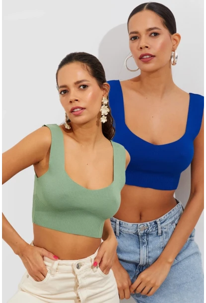 Kadın Mint-Saks İkili Triko Crop Atlet YV134