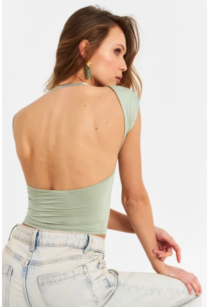 Kadın Mint Sırtı Açık Crop Bluz ZH083