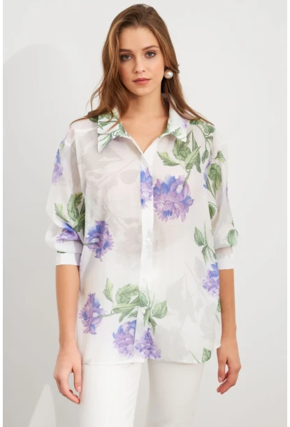 Kadın Mor Çiçek Desenli İnce Keten Gömlek MCAR1068