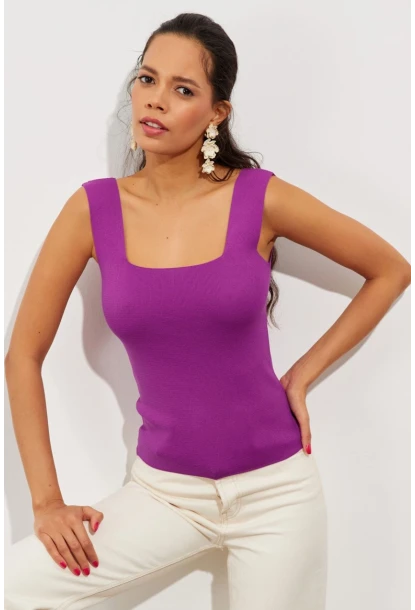 Kadın Mor Kare Yaka Triko Bluz YV87