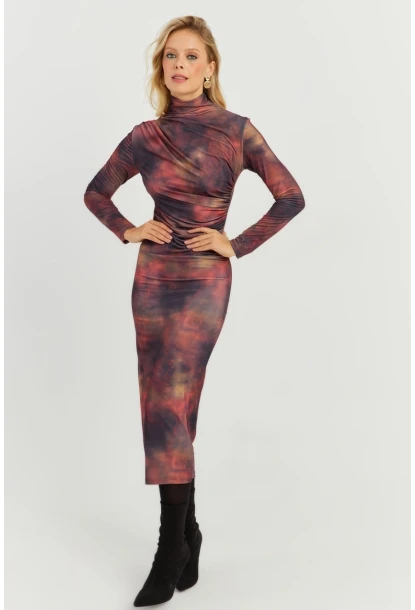 Kadın Multi Büzgülü Desenli Midi Elbise MON118