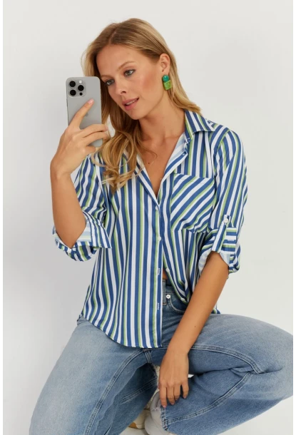 Kadın Multi Çizgili Saten Gömlek SF2536