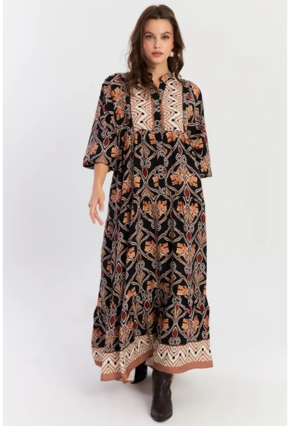Kadın Multi Etnik Desenli Maxi Dokuma Elbise ALO228