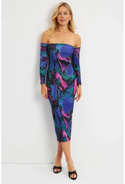 Kadın Multi Madonna Yaka Desenli Midi Elbise DMR278