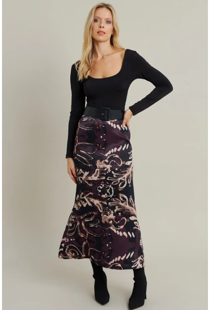 Kadın Mürdüm Desenli Saten Etek MCAR1060