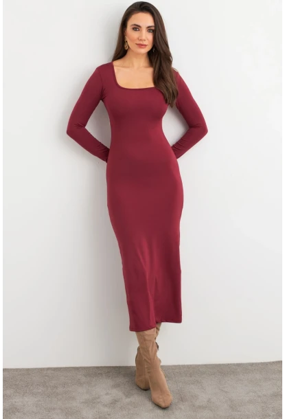 Kadın Mürdüm Kare Yaka Midi Elbise XC8102