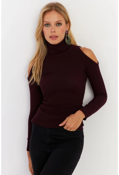 Kadın Mürdüm Omuzları Açık Kaşkorse Bluz HOR04