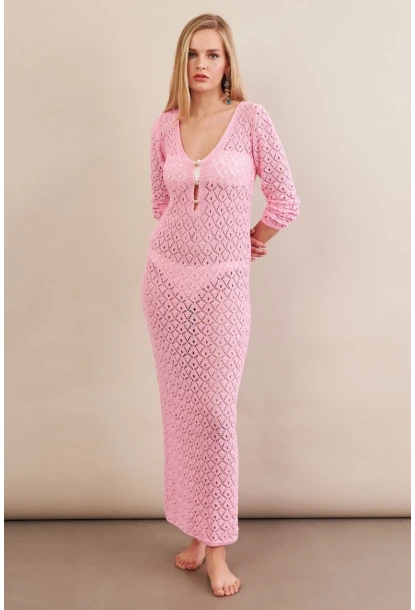Kadın Pembe Aksesuarlı Triko Plaj Elbisesi KZ3237-90