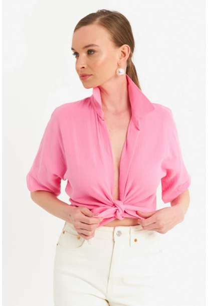 Kadın Pembe Bağlamalı Keten Bluz BTH16