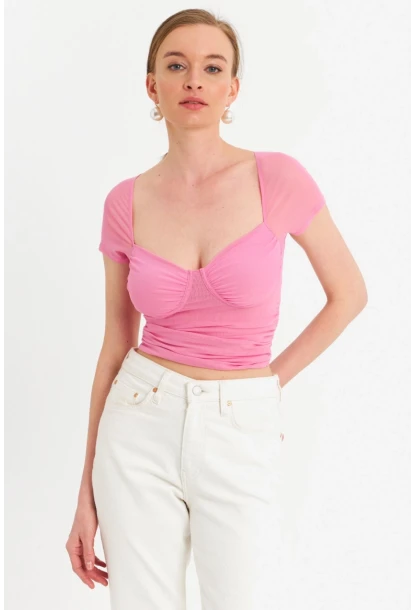 Kadın Pembe Büzgülü Tül Crop Bluz TPG04