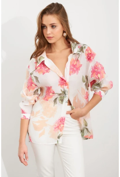 Kadın Pembe Çiçek Desenli İnce Keten Gömlek MCAR1068