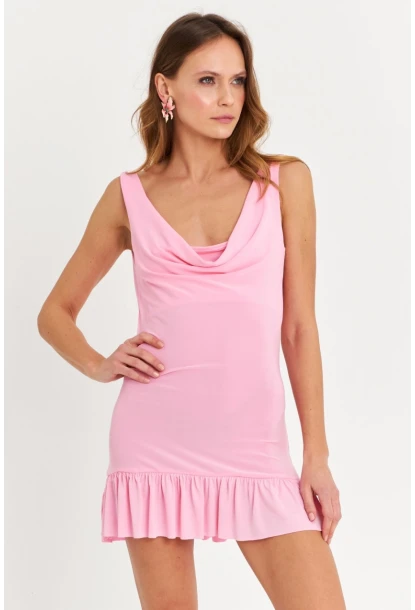 Kadın Pembe Degaje Yaka Mini Elbise HOR0078