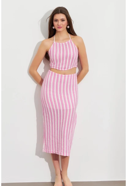 Kadın Pembe Etekli Triko Takım ROP108