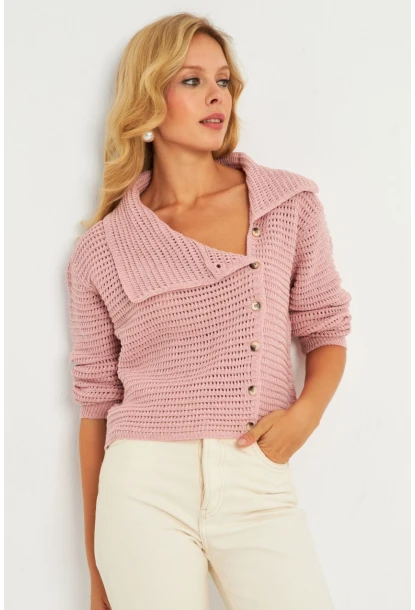Kadın Pembe Geniş Yakalı Triko Hırka MİW4571