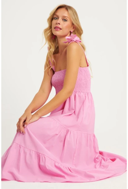 Kadın Pembe Gipeli Volanlı Midi Elbise SGT407